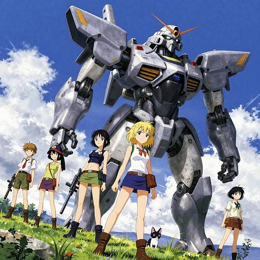 Anime Mecha with Group of Young Characters Outdoors
