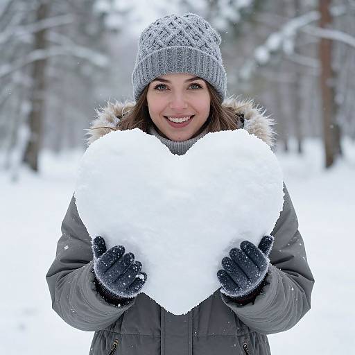 Photograph of a smiling woman in a gray knit hat, gray coat, and black gloves holding a heart-shaped snowball in a snowy forest.