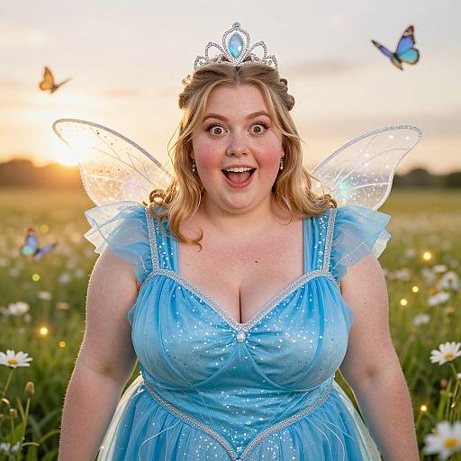 Photograph of a plus-sized blonde woman with fair skin, wearing a sparkling blue Cinderella dress, fairy wings, and tiara, surprised expression,