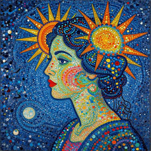 Vibrant mosaic artwork of a woman with sun crown, blue-black hair, red lips, colorful face, and starry night background.