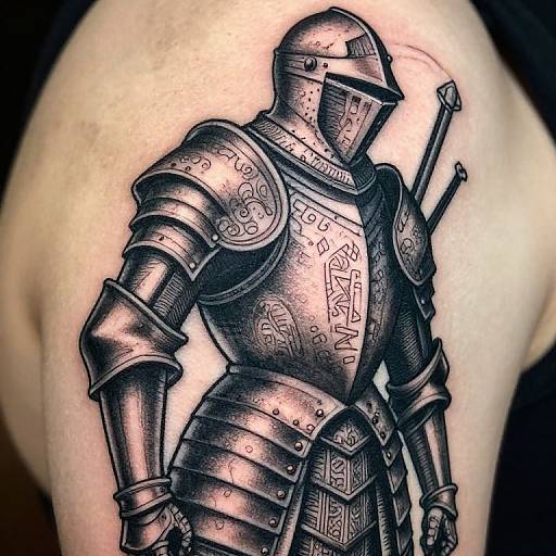 Black and gray tattoo of medieval knight in full armor with detailed chest plates and sword on bare muscular arm.