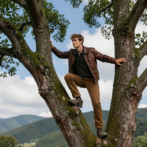 Determined Young Man Climbing a Tree