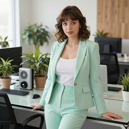 Photograph of a brunette woman with curly hair in a light green blazer and white top, sitting in a modern office with potted plants and computers