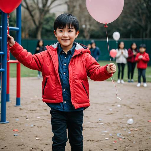 Smiling Asian Boy Holding Balloon in Playground
