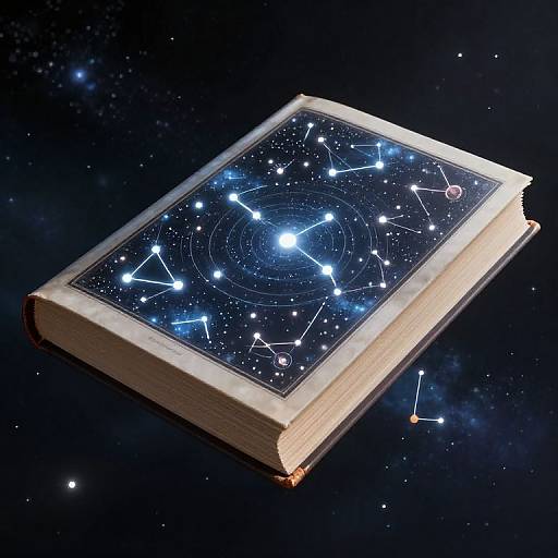CGI image of an open book floating in space, featuring a star chart with glowing blue and white stars on a dark, cosmic background.