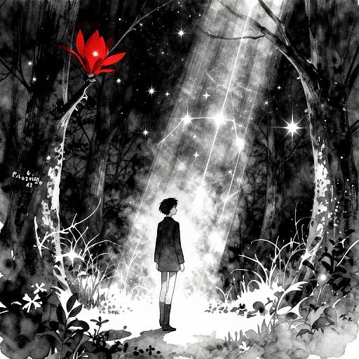 Digital manga-style artwork of a silhouetted girl facing a glowing forest with a red flower, surrounded by radiant stars and light beams. Artist:
