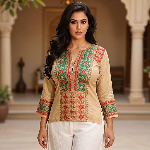Photograph of a beautiful South Asian woman with long black hair, wearing a beige embroidered kurta with green and red patterns, white pants, standing in
