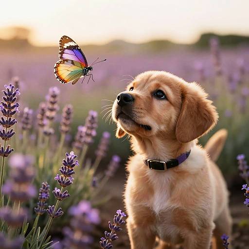 Puppy and Butterfly in Lavender Field