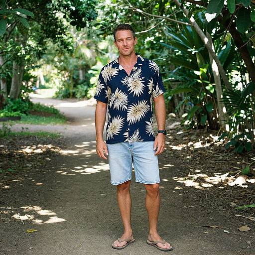 Photograph of a middle-aged man with short brown hair, wearing a navy floral shirt, light blue shorts, and flip-flops, standing on a