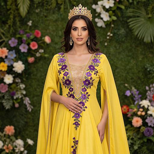 Photograph of a beautiful woman with long dark hair, wearing a golden crown, yellow floral embroidered dress, and dangling earrings, standing in front of a