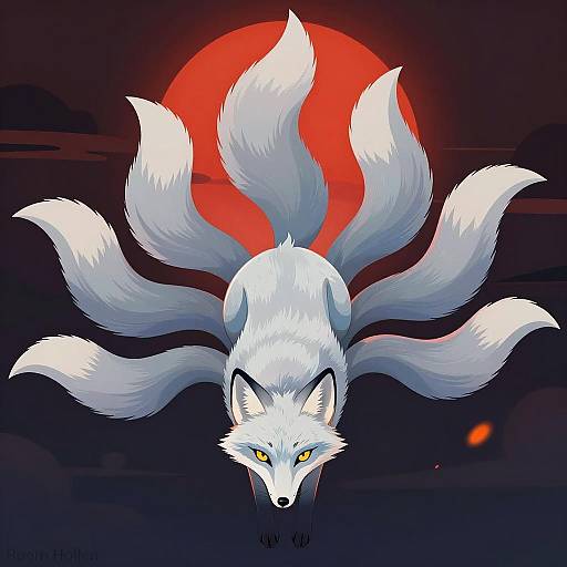 Digital Illustration of Nine-Tailed Blue Fox with Red Sun