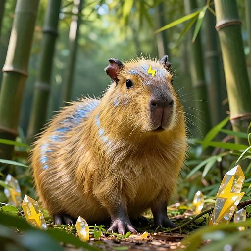 Photograph of a golden-furred hamster with blue highlights, surrounded by glowing yellow crystals in a lush bamboo forest.