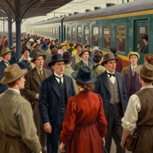 Vintage illustration of a bustling 19th-century train station, crowded with men in suits, bowler hats, and women in long dresses, waiting at