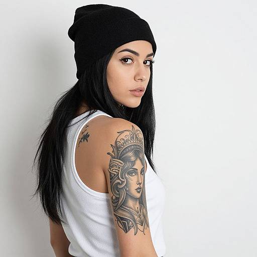 Photograph of a young woman with long black hair, wearing a black beanie and white tank top, showing a detailed black tattoo of a woman on