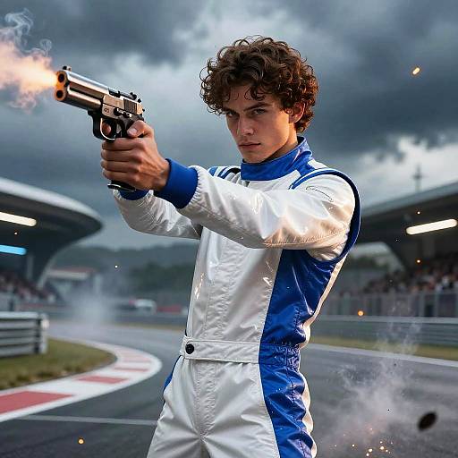 Photograph of a curly-haired young man in a white and blue racing suit, firing a handgun with smoke and sparks, on a racetrack under
