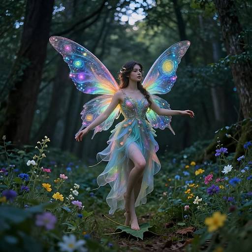 Photograph of a fair-skinned fairy with glowing, multicolored wings, wearing a translucent, rainbow-tinged dress, dancing in a lush