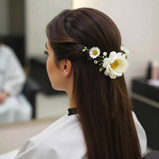 Photograph of a woman with long brown hair, wearing a white blouse, adorned with a white flower headpiece, viewed from the back. Blurred