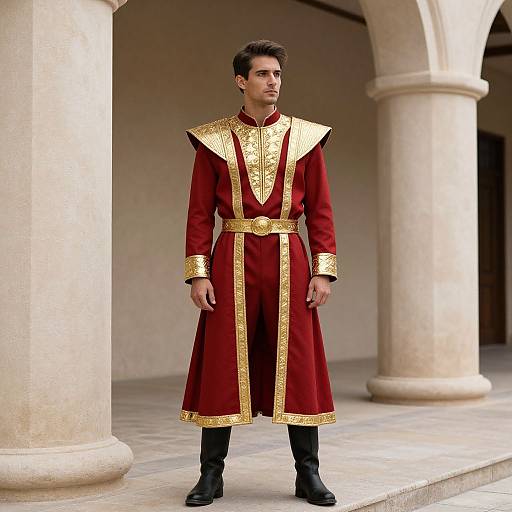 Photograph of a young man with short brown hair, wearing a red and gold embroidered long coat, black boots, standing under stone columns.