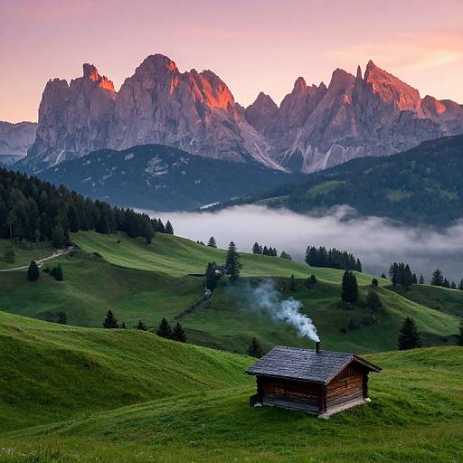 Photograph of a rustic wooden hut with smoke rising, in a lush green alpine meadow, with dramatic, sunlit mountains in the background,