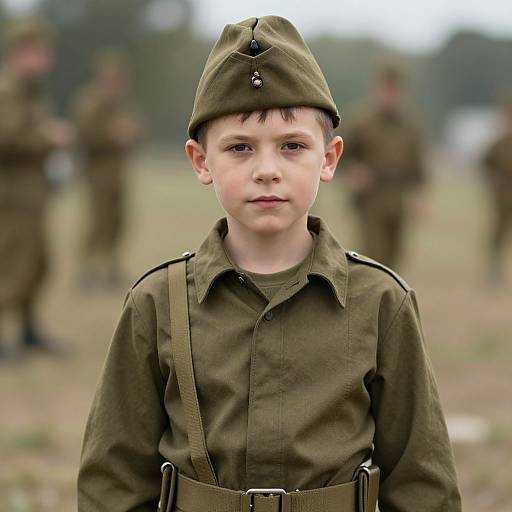 Photograph of young boy in World War II-era olive green military uniform and cap, standing in blurred outdoor field with blurred soldiers in background. Serious expression