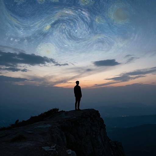 Silhouetted person stands on rocky cliff at sunset, gazing at swirling, starry sky; vibrant blue and orange hues dominate.