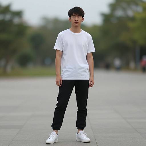 Photograph of an Asian man with short black hair, wearing a white T-shirt, black pants, and white sneakers, standing confidently on a blurred outdoor