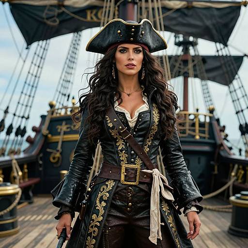 Photograph of a fierce, dark-haired woman in a detailed black pirate costume with gold accents, tricorn hat, and ship deck background.