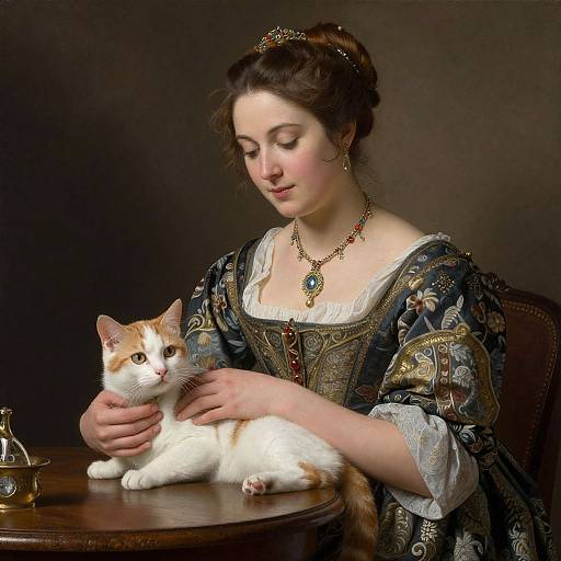 Photograph-style painting of a fair-skinned woman with brown hair in an ornate dress, gently holding a white and orange cat on a wooden table