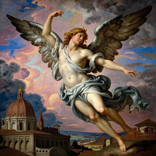 Baroque-style digital painting of a muscular, winged, nude male angel with flowing white drapery, holding a small orb, against a dramatic