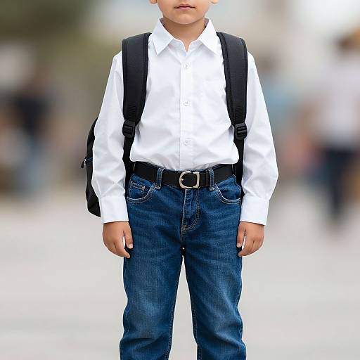 Photograph of a young boy with light skin, wearing a white shirt, blue jeans, black belt, and black backpack, standing outdoors with a blurred