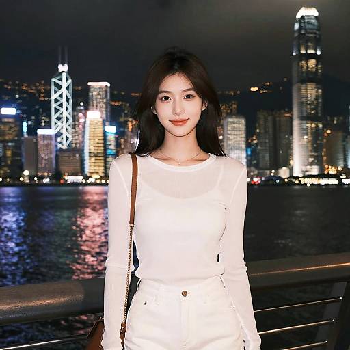Photograph of an Asian woman with long black hair, wearing a white long-sleeve dress, standing by a waterfront at night with a brightly lit