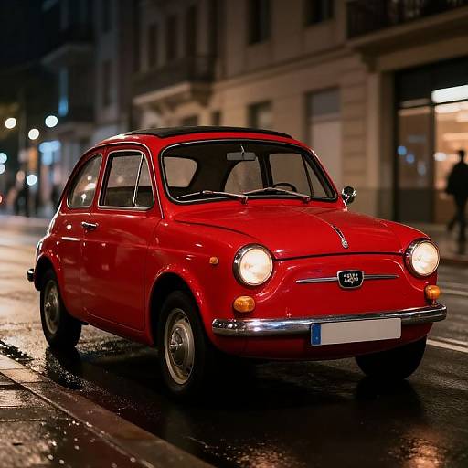 Red 1964 SEAT 600D on Wet City Street at Night