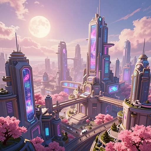 Digital artwork of a futuristic cityscape with neon-lit skyscrapers, pink cherry blossom trees, and a sunlit, hazy sky.