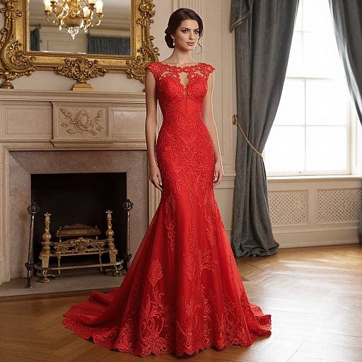 Photograph of a brunette woman in a vibrant red lace evening gown with a high neckline, standing in an elegant, classical room with a marble fireplace and