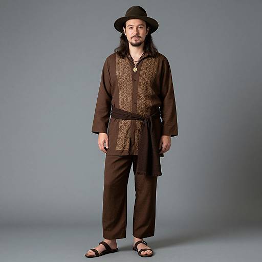 Photograph of a bearded man with long black hair, wearing a black hat, brown patterned tunic, black pants, and sandals, standing