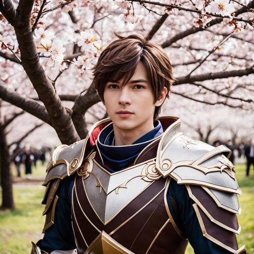 Male Cosplayer in Armor with Cherry Blossoms