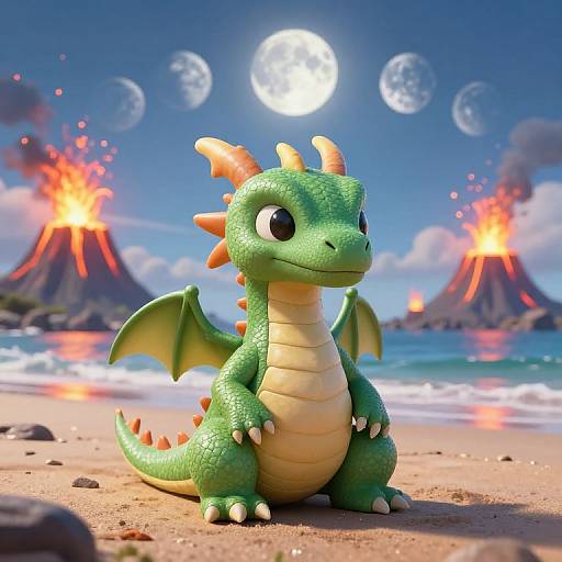 CGI cartoon dragon with green scales, orange spikes, and yellow belly stands on sandy beach with erupting volcanoes, moon, and planets. Bright