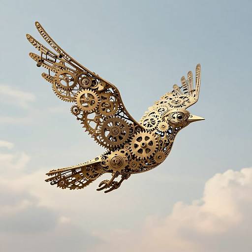 Ethereal Mechanical Bird Soaring Sky