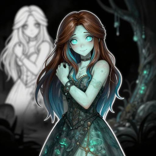 Digital illustration of a glowing blue-skinned girl with long red and blue hair, wearing a dark, ornate dress, in a dark, mystical forest