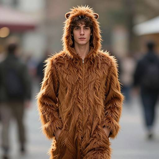 Photograph of a young man with pale skin, dark curly hair, wearing a shaggy, brown bear costume, standing in a blurred urban street