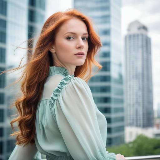 Red-haired woman in ruffled blouse by city buildings