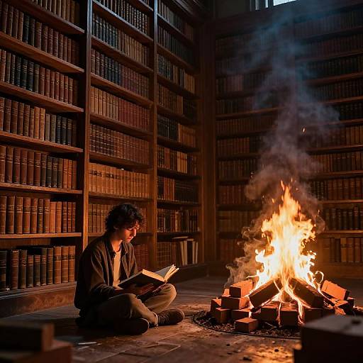 Photograph of a man with curly hair, wearing a brown jacket, sitting cross-legged by a fire in a dimly lit library, reading a book