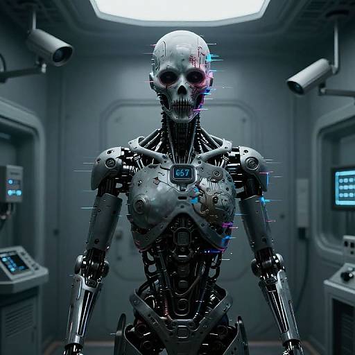 Digital artwork of a futuristic, cybernetic skeleton with glowing blue and red eyes, standing in a dimly lit, high-tech lab.