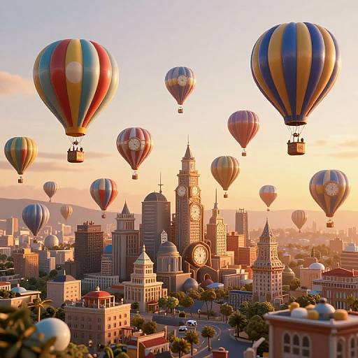 Photograph of a sunset cityscape with colorful hot air balloons hovering above a detailed, bustling urban skyline featuring clock towers and historic buildings.