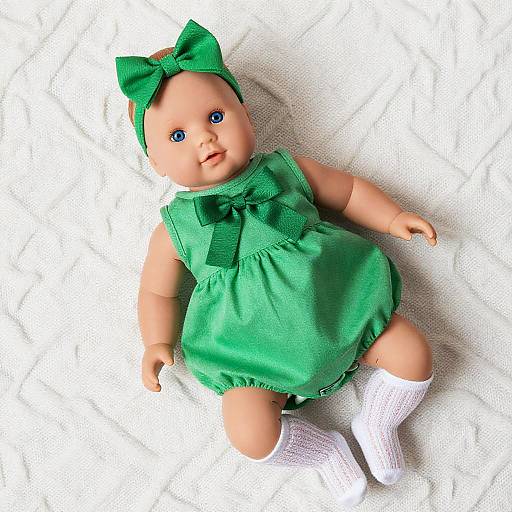 Baby Doll in Green Dress on Knitted Fabric