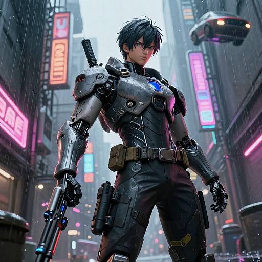 CGI sci-fi image of a handsome, black-haired man in cyberpunk armor, holding a gun, standing in a neon-lit, rainy city
