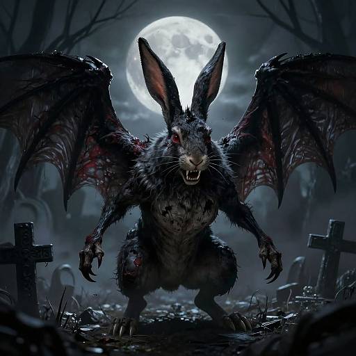 Digital illustration of a monstrous, bat-winged rabbit with sharp claws, bared fangs, and glowing red eyes, standing in a dark, moon