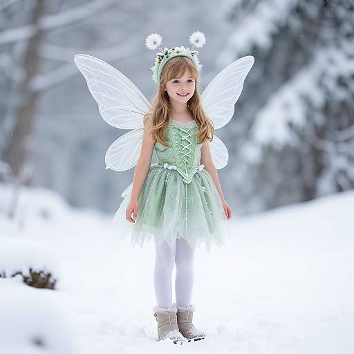 Photograph of a smiling young girl with fairy wings, green dress, white tights, and snow boots, standing in a snowy forest.