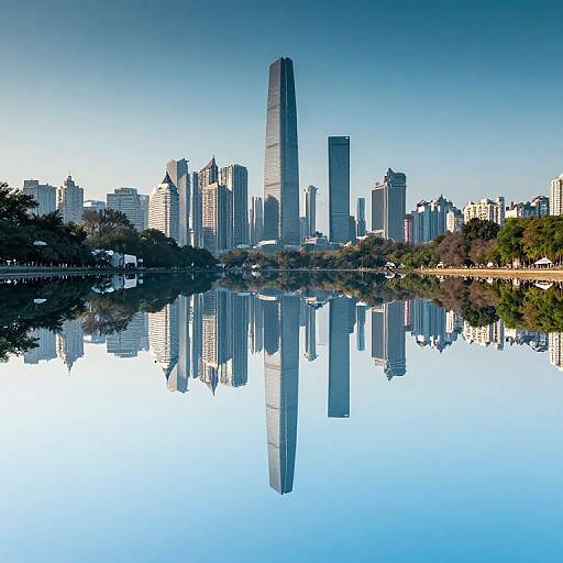 Photograph of a city skyline reflected in a calm, mirror-like lake under a clear blue sky, with tall buildings centered.