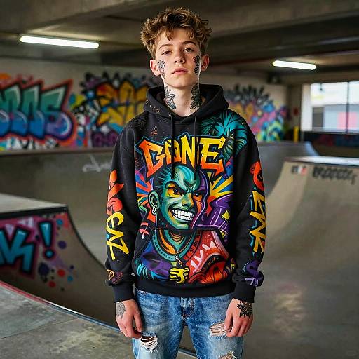 Photograph of a young, tattooed man with curly brown hair, wearing a colorful 